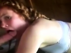 Girl with ponytails sucks cock deepthroat in wooden cabin
