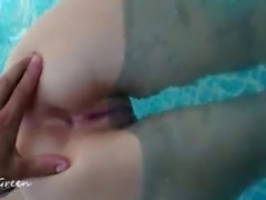 Blowjob and Sex in Pool, Double Cumshot - Amateur outdoor Homemade Teen Kira Green