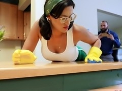 Busty MILF maid waxing her dirty landlords big dick