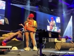 Sexy slender babe expressing her passion for cock on stage