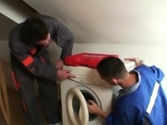 Repairmen banging busty granny from both ends