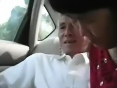 Asian older couple in the car
