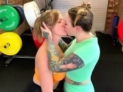 Curvaceous babe tricked into wild threesome in the gym