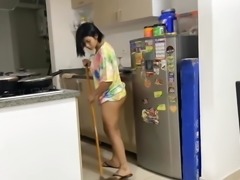 Sexy stepmother washes the dishes in her underwear while her son fucks her.