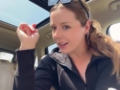Cute slut almost got caught fucking her pussy with a big dildo in her car outside!