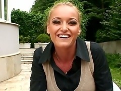 Beautiful Czech girl Kathia Nobili is going to demonstrate her wonderful natural big breasts with hard nipples outdoor in this video clip during the interview. See these juggs.