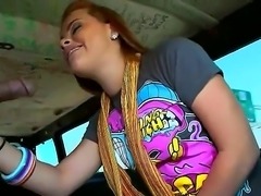 Young amateur sexy Ariel with pretty face and small natural boobs in jeans takes off colorful t-shirt and sucks long stiff cannon in bag bus in point of view.