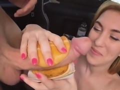 Blonde Fucked And Eating Cumshot Sandwich In Back Of Van