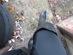 strutting around in my trashed leather thigh boots