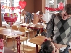 Babes bend over for throbbing love tools in a classroom