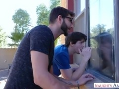These guys are ducking perverts, because they were spying on sexy milf Regan. She caught them looking, but instead of getting mad, she sucked them off and let them play with her perfect tits. One dude eats her snatch, while she blows the other.