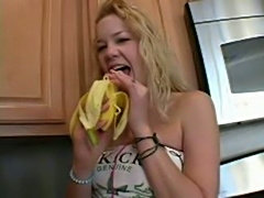 Hot babe Candy sucking banana likes big cock